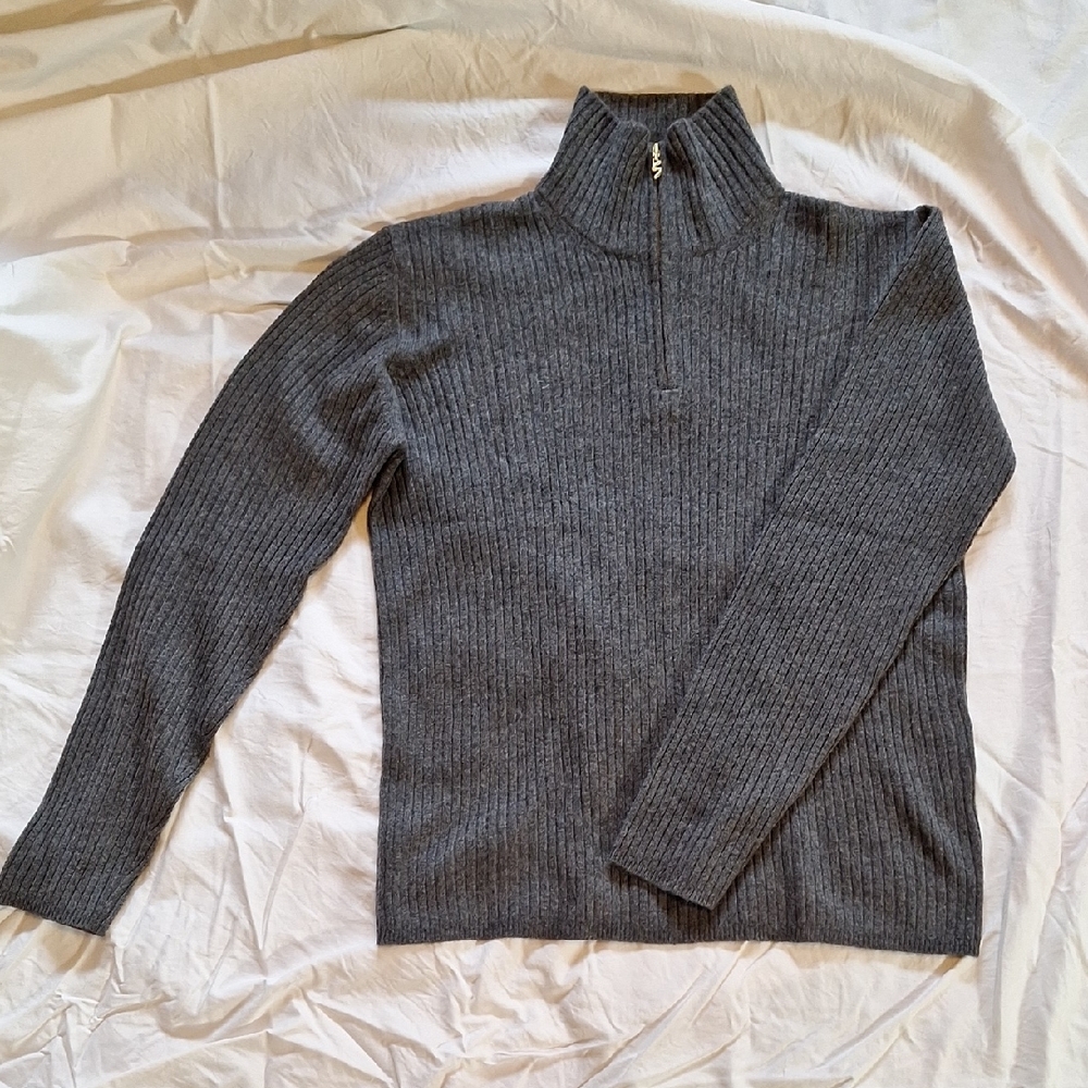 Women's Bogner 100% Cashmere Grey Ribbed  3/4 Zip Sweater Size 12